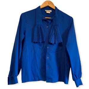 Vintage lucky winner made in USA cobalt blue button front blouse size large